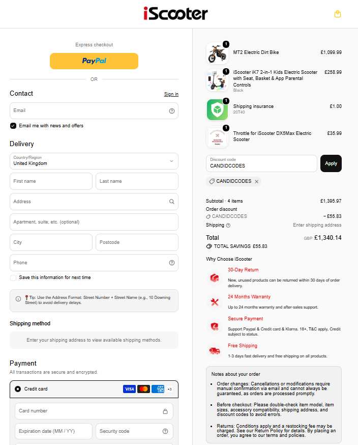 iScooter discount code CANDIDCODES 4% off checkout proof