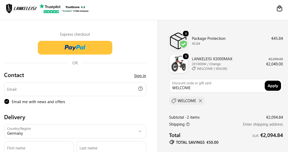 Lankeleisi discount code Welcome 50 euro off checkout proof