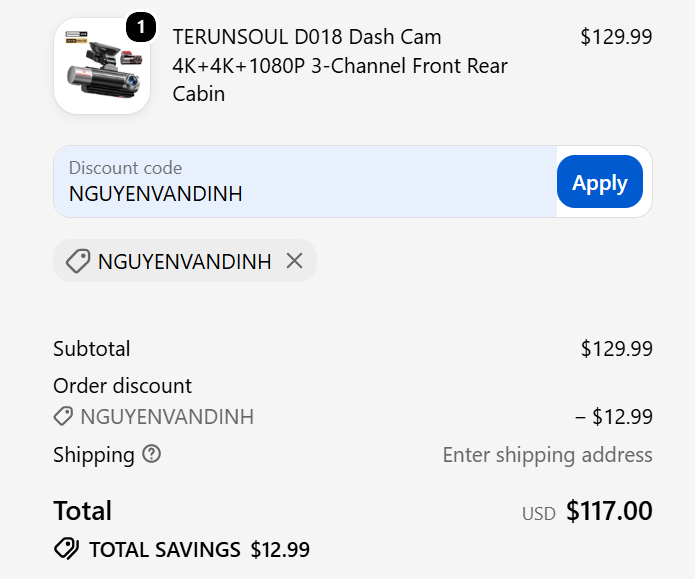 code NGUYENVANDINH 10% Off _TERUNSOUL D018 Dash Cam 4K+4K+1080P 3-Channel Front Rear Cabin.png