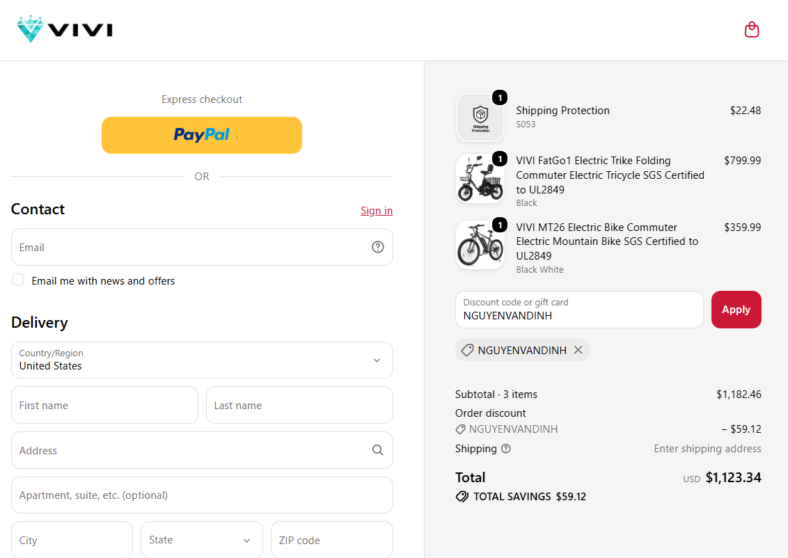 Vivi eBikes discount code NGUYENVANDINH 5% off checkout proof