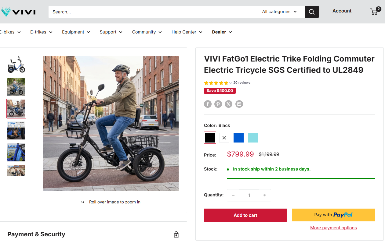 VIVI FatGo1 electric trike folding commuter tricycle 400 dollars off sale