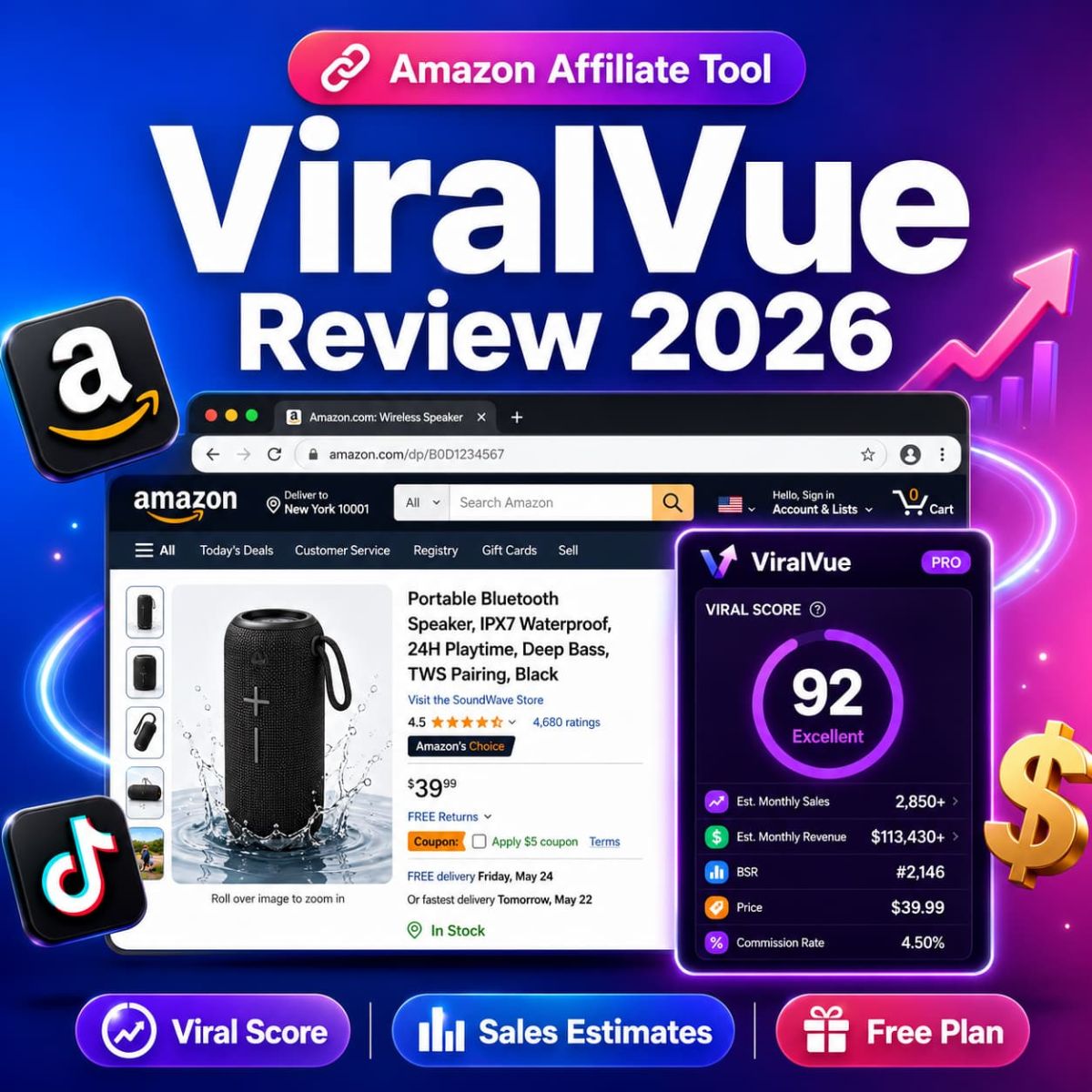 ViralVue Review 2026 — creator analytics tool for Amazon affiliates, TikTok product research, viral score, sales estimates, and brand deals