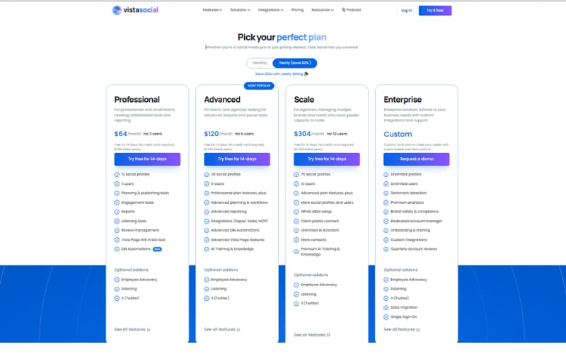 Vista Social pricing plans 2026