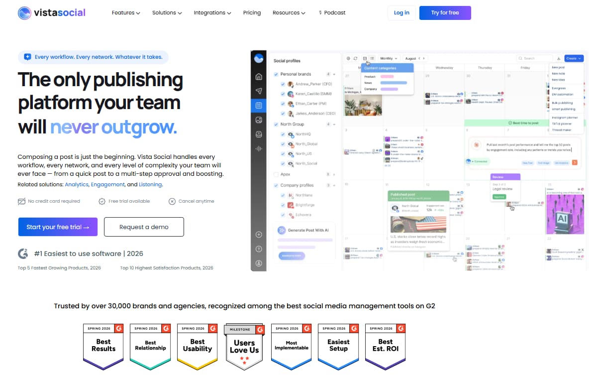 Vista Social publishing calendar and AI content scheduling interface 2026