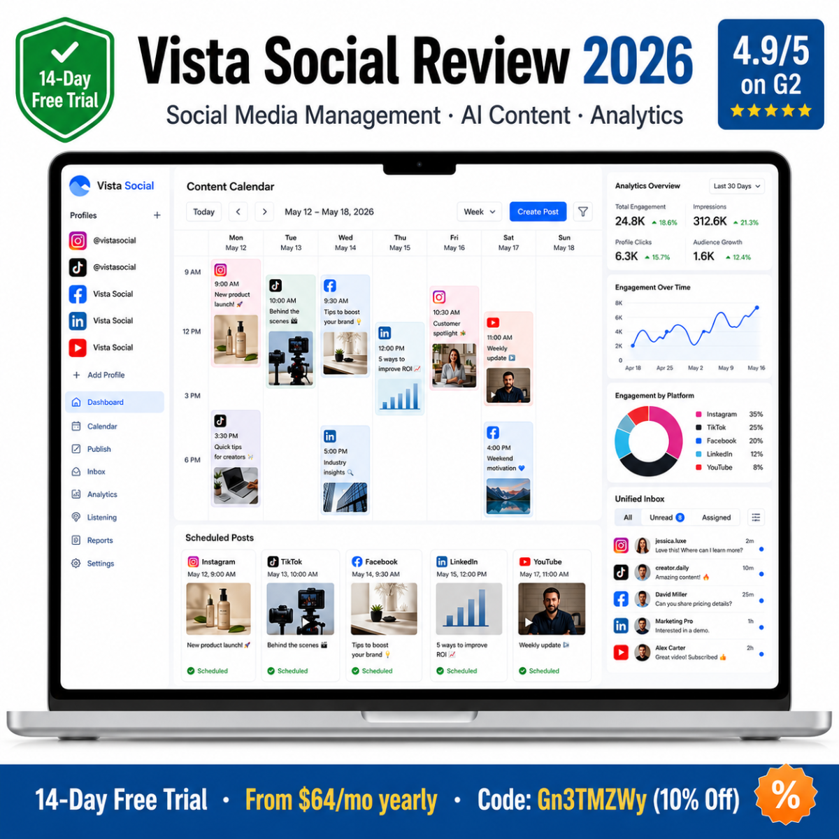 Vista Social Review 2026 — social media management dashboard with content calendar, AI content tools, analytics, unified inbox, pricing, and coupon code